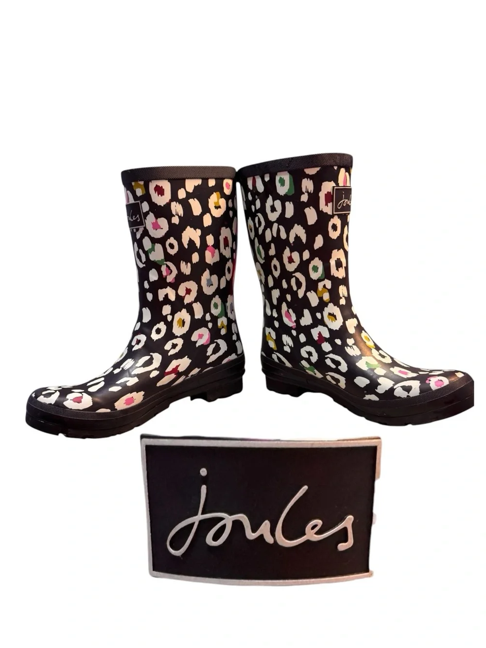 Joules Molly Welly Navy Rain Boots with Multicolor Leopard Spots, Sz 9, EUC